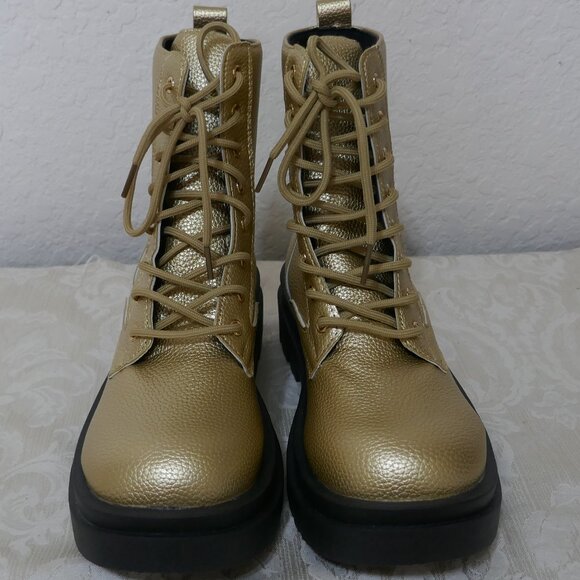 Gold Combat Mid Calf Lace Up Boots Zipper Detail Lug Heels Womens 43/12 - Picture 7 of 12